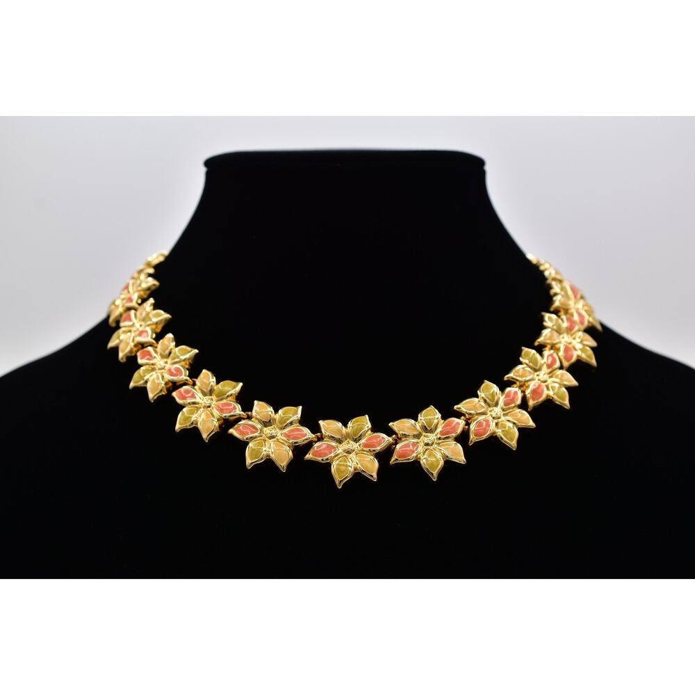 Vintage Flower Collar Necklace Multi-Color Green Gold Tone Chunky 1980s BinBD